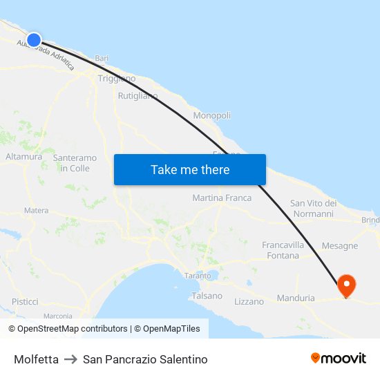 Molfetta to San Pancrazio Salentino map