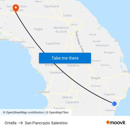 Ortelle to San Pancrazio Salentino map