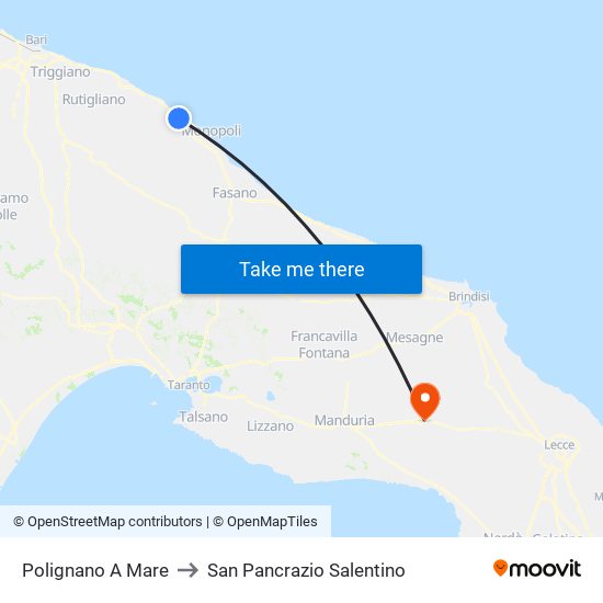 Polignano A Mare to San Pancrazio Salentino map