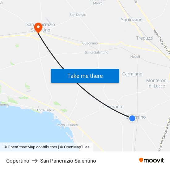 Copertino to San Pancrazio Salentino map