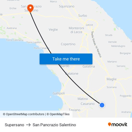 Supersano to San Pancrazio Salentino map