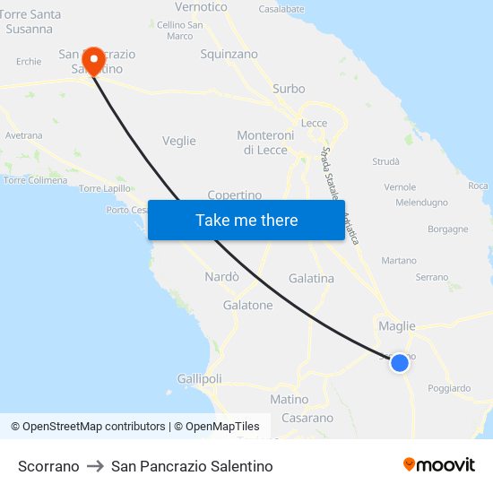 Scorrano to San Pancrazio Salentino map