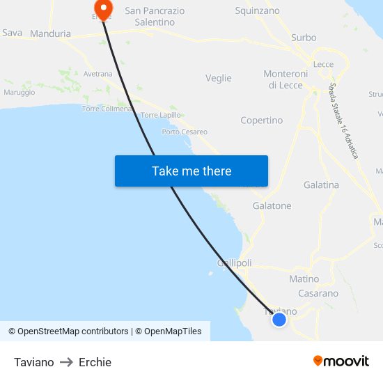 Taviano to Erchie map