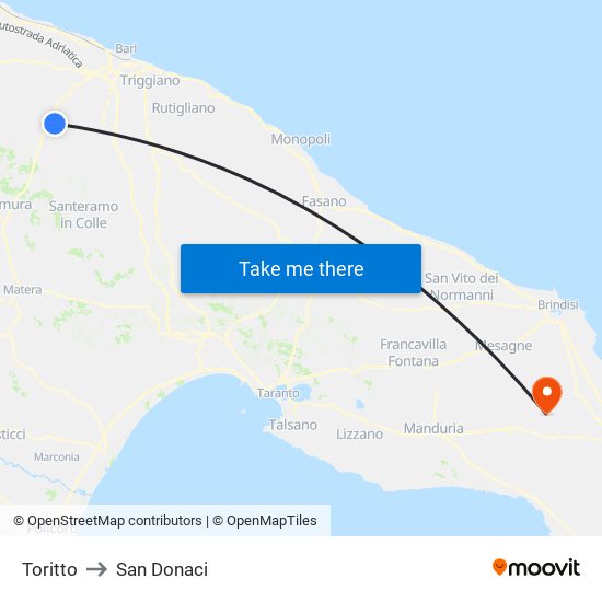 Toritto to San Donaci map