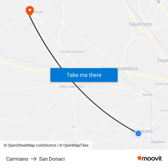 Carmiano to San Donaci map