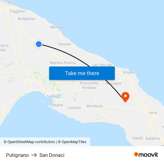 Putignano to San Donaci map
