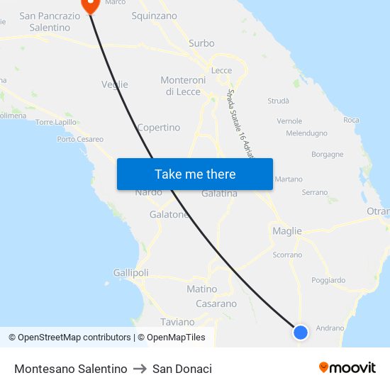 Montesano Salentino to San Donaci map