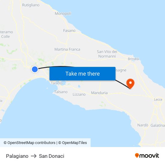 Palagiano to San Donaci map