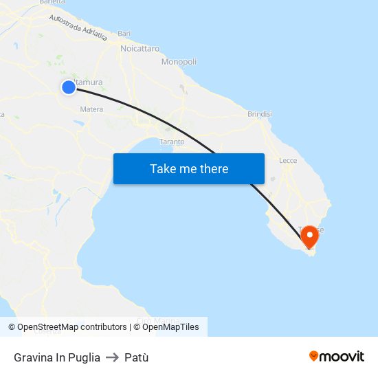 Gravina In Puglia to Patù map