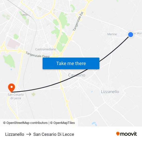 Lizzanello to San Cesario Di Lecce map