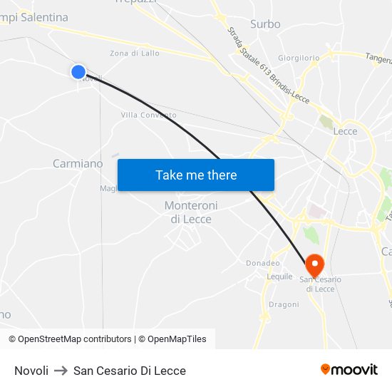 Novoli to San Cesario Di Lecce map