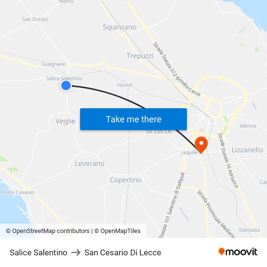 Salice Salentino to San Cesario Di Lecce map