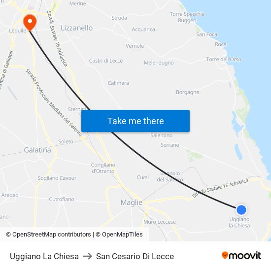 Uggiano La Chiesa to San Cesario Di Lecce map