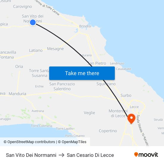 San Vito Dei Normanni to San Cesario Di Lecce map