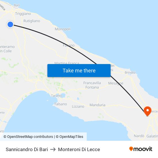 Sannicandro Di Bari to Monteroni Di Lecce map