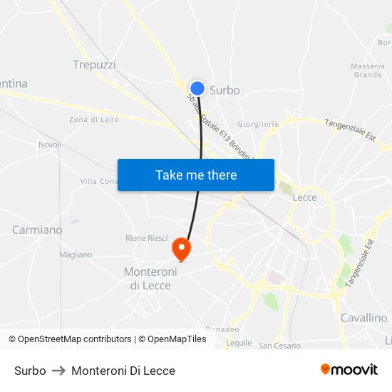 Surbo to Monteroni Di Lecce map