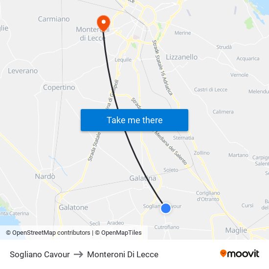 Sogliano Cavour to Monteroni Di Lecce map