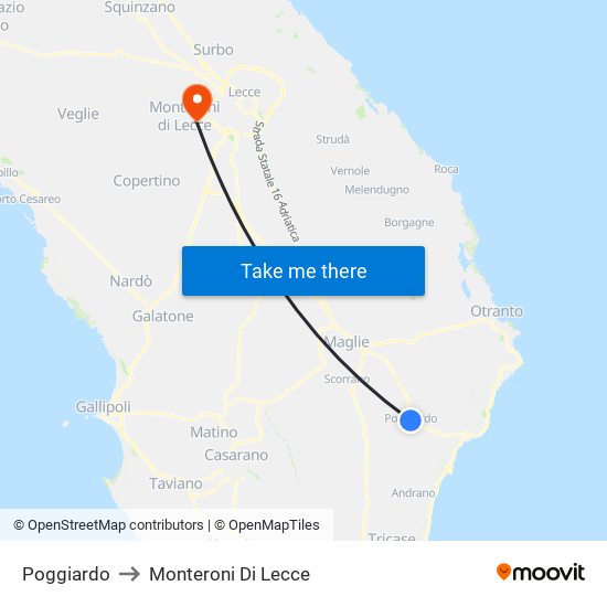 Poggiardo to Monteroni Di Lecce map