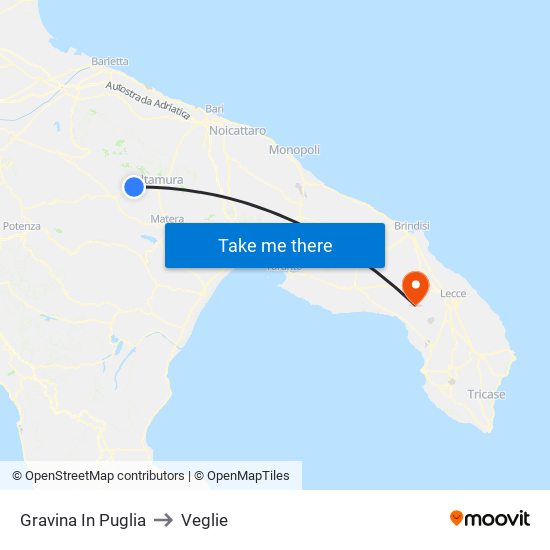 Gravina In Puglia to Veglie map