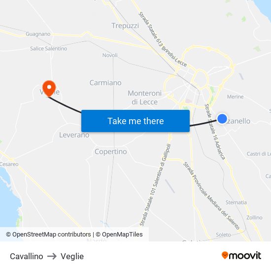 Cavallino to Veglie map