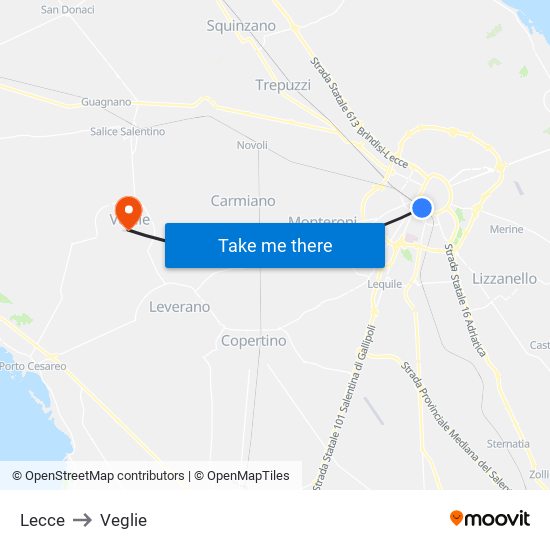 Lecce to Veglie map