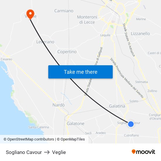 Sogliano Cavour to Veglie map