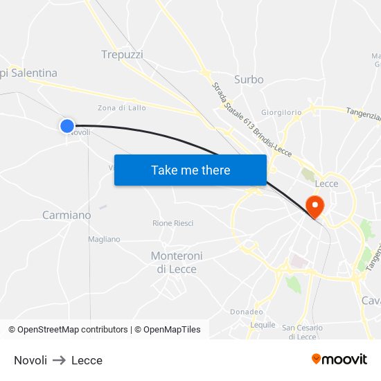 Novoli to Lecce map