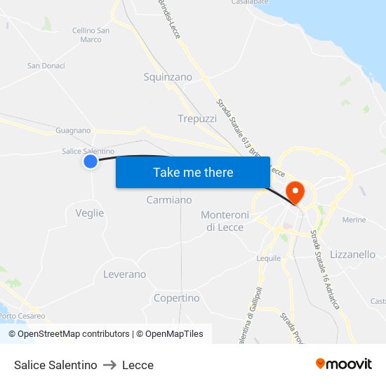Salice Salentino to Lecce map