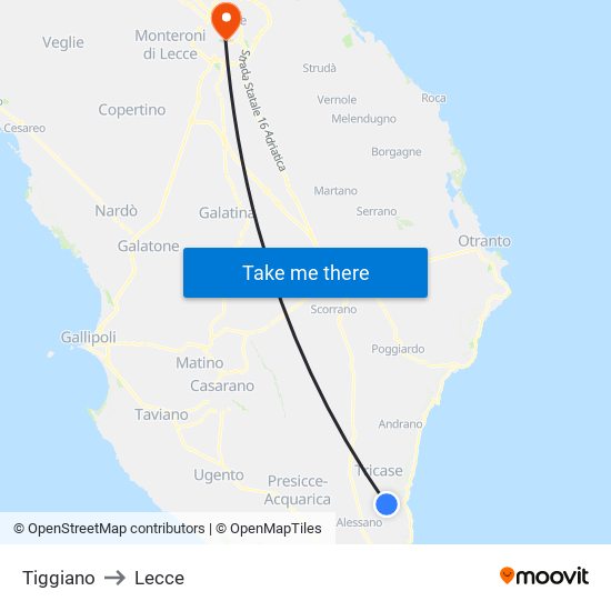 Tiggiano to Lecce map