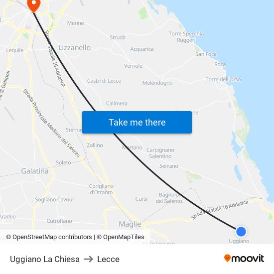 Uggiano La Chiesa to Lecce map