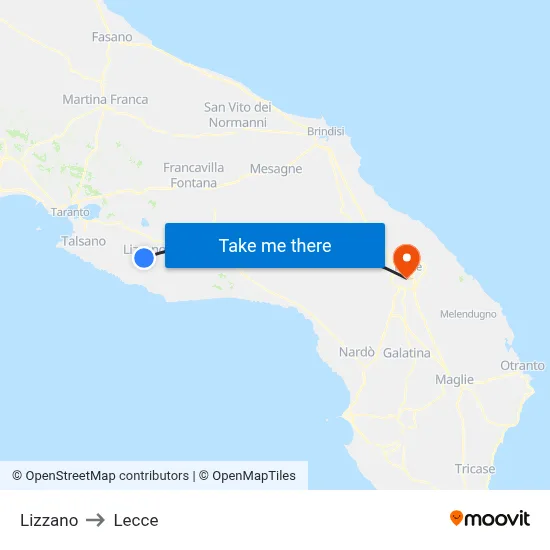 Lizzano to Lecce map
