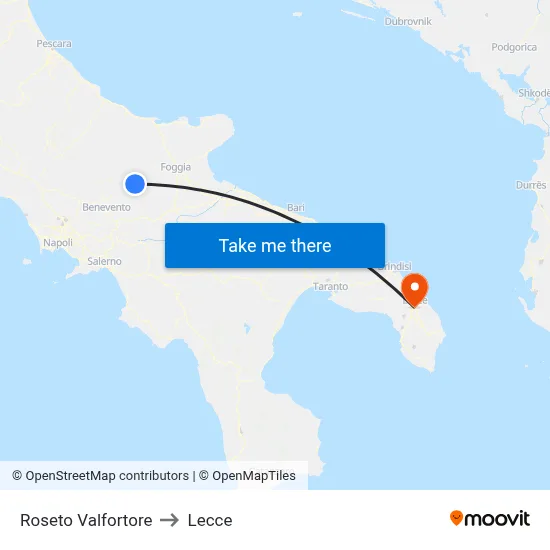 Roseto Valfortore to Lecce map