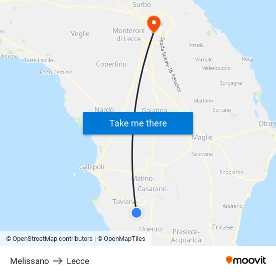 Melissano to Lecce map