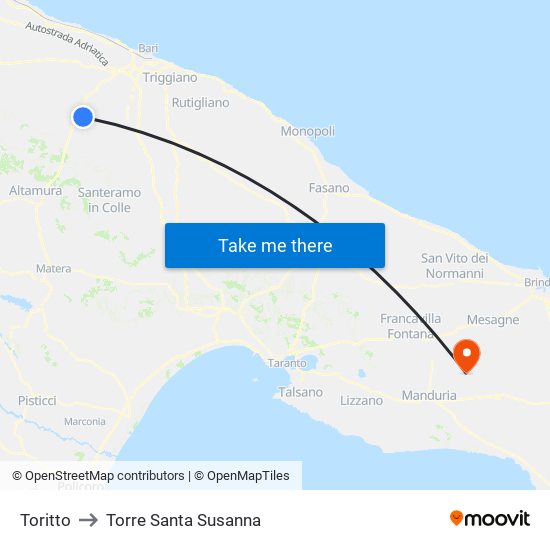 Toritto to Torre Santa Susanna map