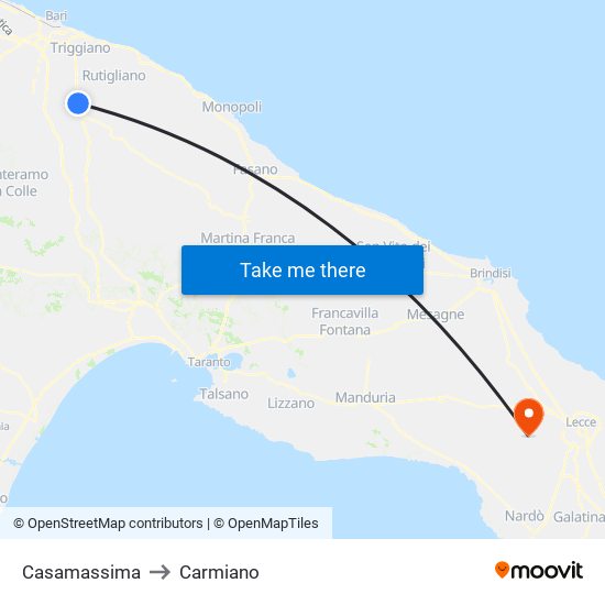 Casamassima to Carmiano map