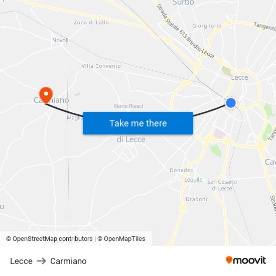 Lecce to Carmiano map