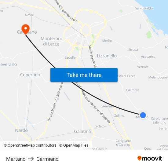 Martano to Carmiano map