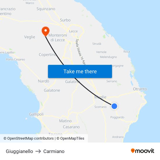 Giuggianello to Carmiano map