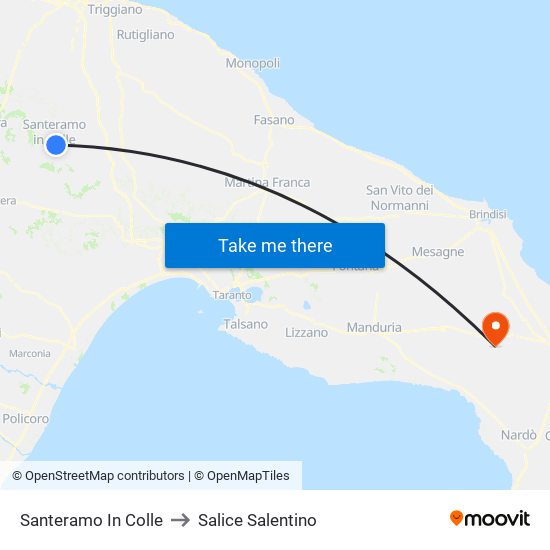 Santeramo In Colle to Salice Salentino map