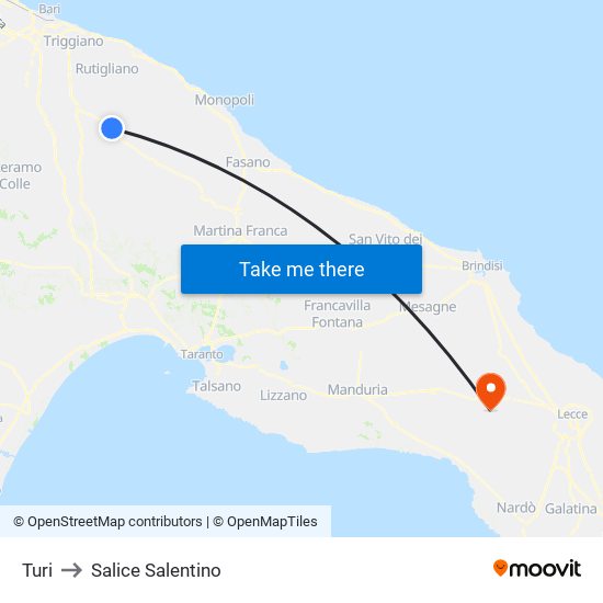 Turi to Salice Salentino map