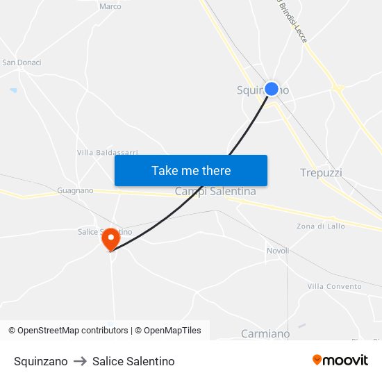 Squinzano to Salice Salentino map