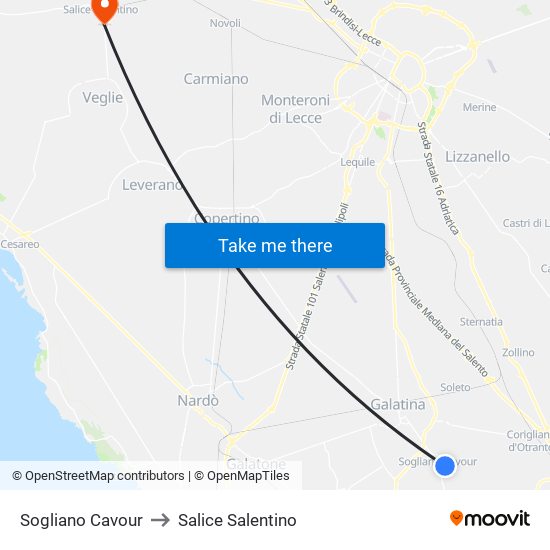 Sogliano Cavour to Salice Salentino map