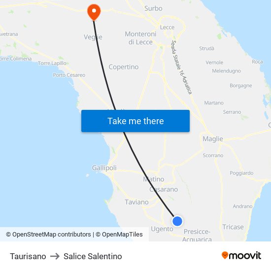 Taurisano to Salice Salentino map