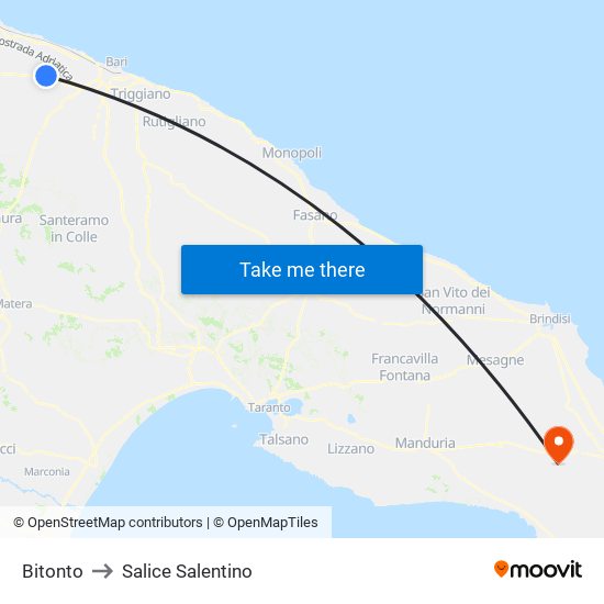 Bitonto to Salice Salentino map