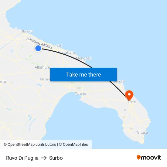 Ruvo Di Puglia to Surbo map