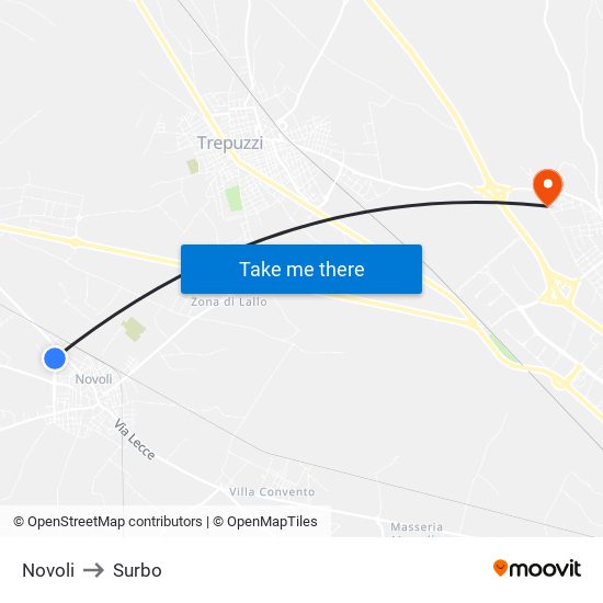 Novoli to Surbo map