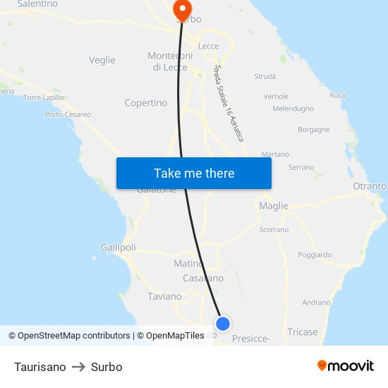 Taurisano to Surbo map