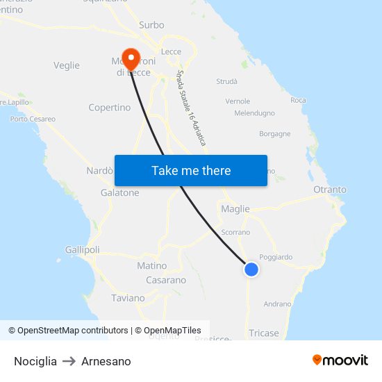 Nociglia to Arnesano map