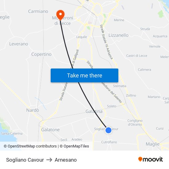 Sogliano Cavour to Arnesano map