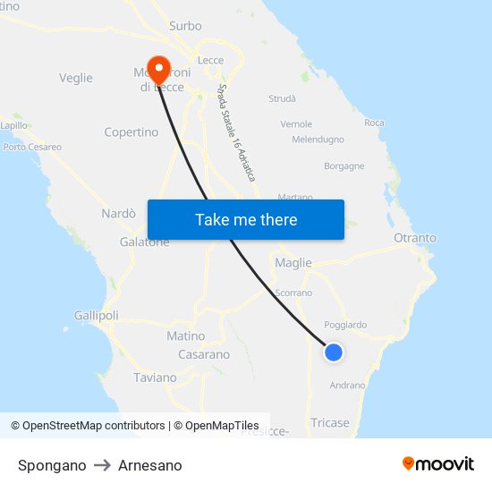 Spongano to Arnesano map